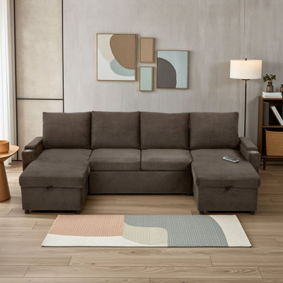 Convertible Sectional Sofa Bed with Storage Pockets and Charging Ports