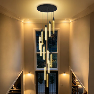 Lustre en cristal noir moderne de 350 cm (138 po) de hauteur, 12 lumières, idéal pour salon, salle à manger ou hall d'entrée.