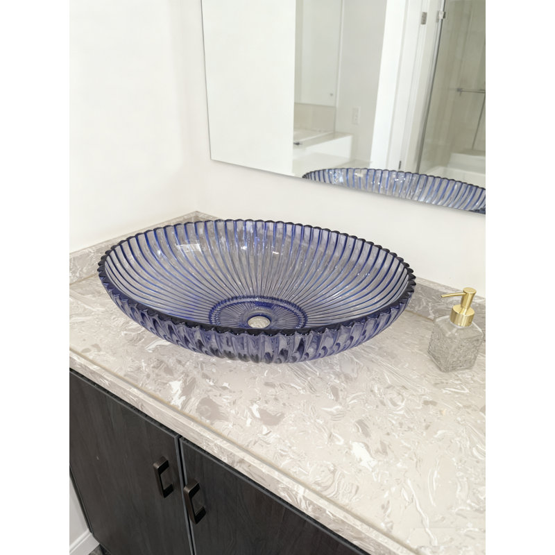 Lavabo vasque élégant en verre bleu-gris transparent - Finition lisse (non sableuse) avec bonde escamotable, idéal pour les comptoirs de meuble-lavabo | Modèle Lav-fws105