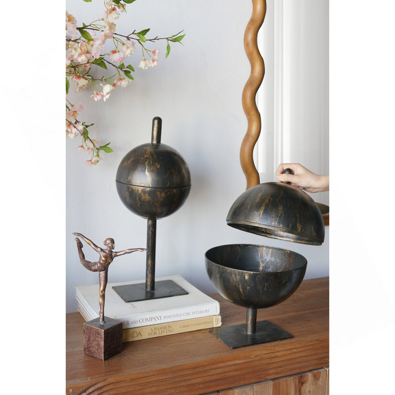 Plateau de sculpture orbe en fer noir et or 8 x 8 x 19 po