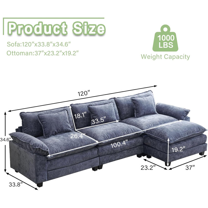120" Sectional Sofa Comfy Cloud Couch for Living Room Modern Sofa Sleeper Deep Couches with Ottoman, Blue Chenille
