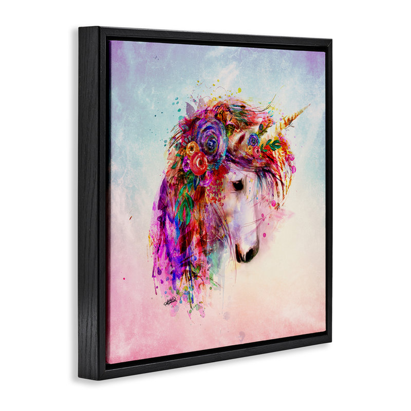 "Abstrait licorne avec fleurs", art mural encadré par Sally Kaye Barlow / Makaio Design, H 25 po x l 25 po