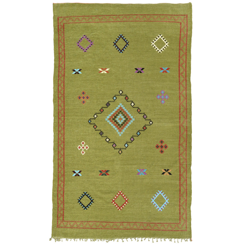 Tapis unique vert, bleu et rouge des années 1990 de 4 pi 8 po x 8 pi 2 po