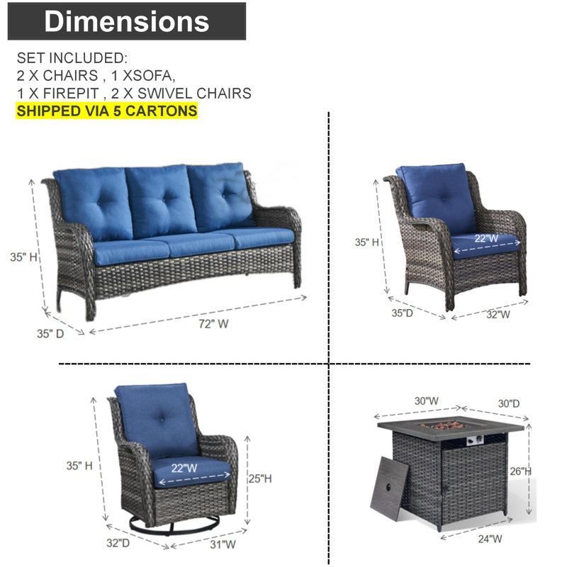 Ensemble de conversation avec foyer extérieur et coussins Artidiello, Bleu