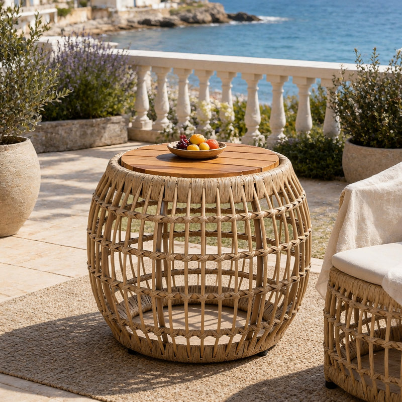 Table d'appoint d'extérieur en bois d'acacia avec base en osier - durable, légère et polyvalente pour la terrasse, le jardin, le balcon et l'intérieur