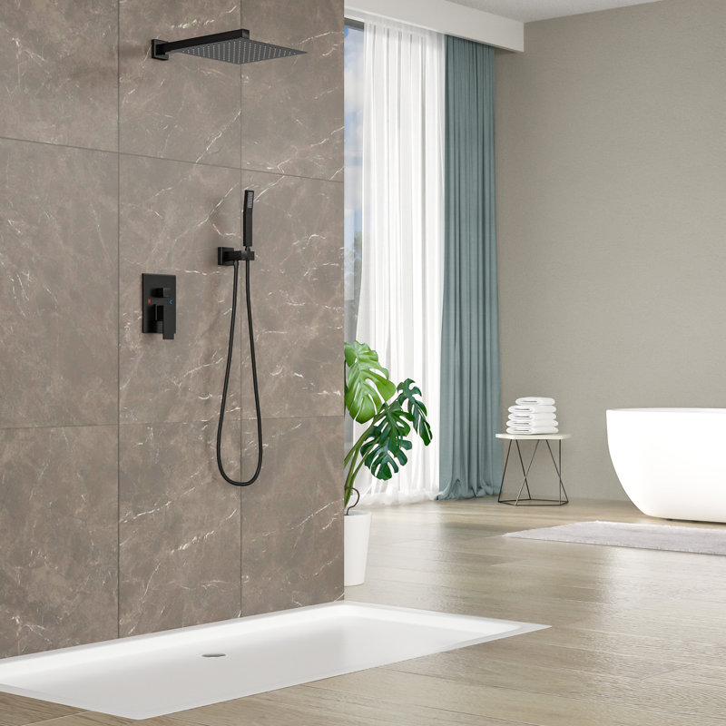 Système de pomme de douche, douchette de pluie carrée murale en acier inoxydable de 12 pouces avec valve, Noir mat