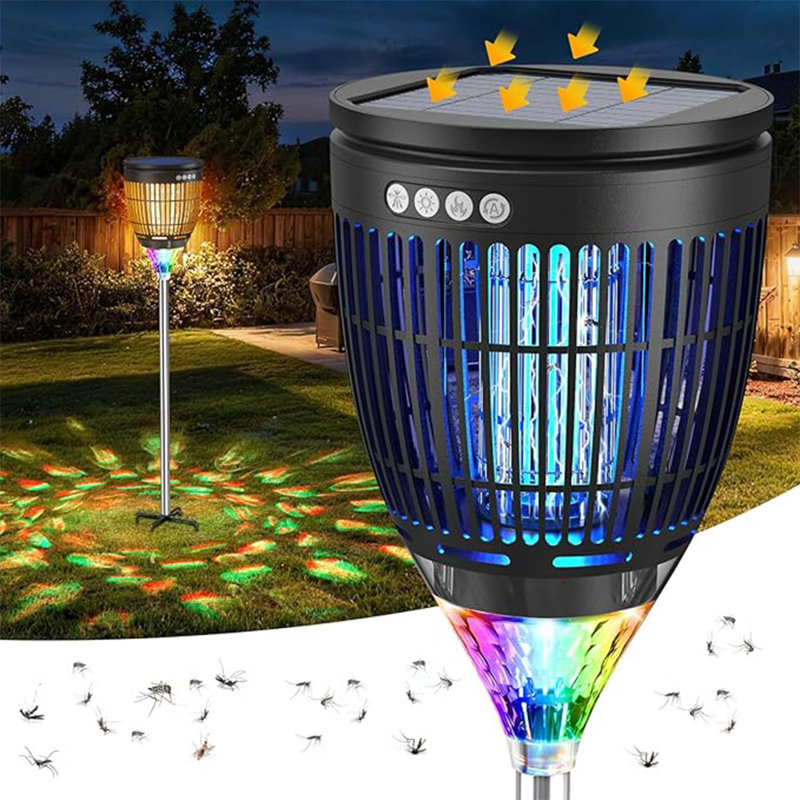3-in-1 Solar Powered Outdoor Bug Zapper with Flame Light & RGB Projector Decorative Garden Light, IP65 Waterproof for Patio, Yard & Camping