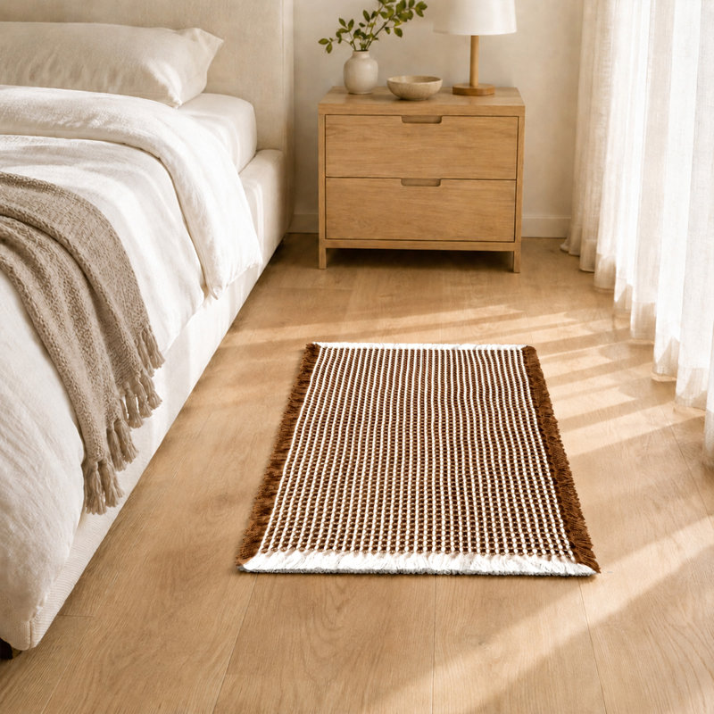 Tapis de bain à franges gaufrées, Coffee/White, 20" W x 32" L