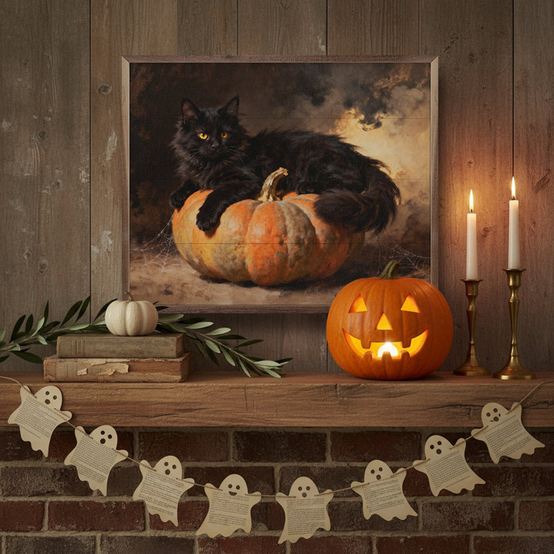 Black Cat On Pumpkin, H 8 po x l 10 po