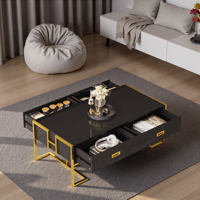 Modern Rectangular Coffee Table With 4 Drawers And Gold Base