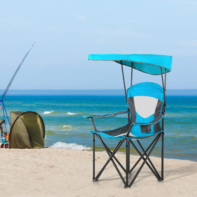 Chaises de camping avec abat-jour, chaise longue à baldaquin robuste et parasol avec porte-gobelet pour l'extérieur, le camping, la plage et le patio, bleu émail