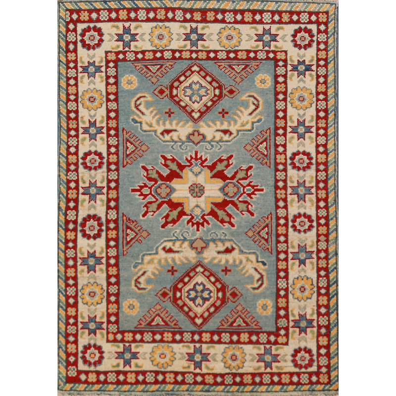 Tapis bleu clair clair fait à la main Kazak 3 x 4