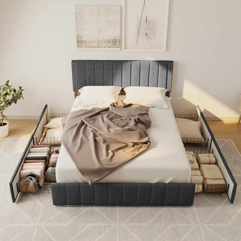 Masad Upholstered Platform Drawer Storage Bed with Adjustable Headboard, Full, Beige
