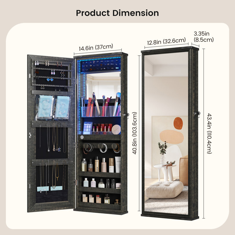 Ebern Designs Wall-mounted Jewelry Mirror Cabinet With Led Lights