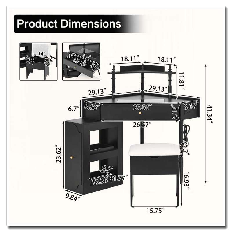 Corner Vanity Desk Set with Storage Stool and Charging Station, Black