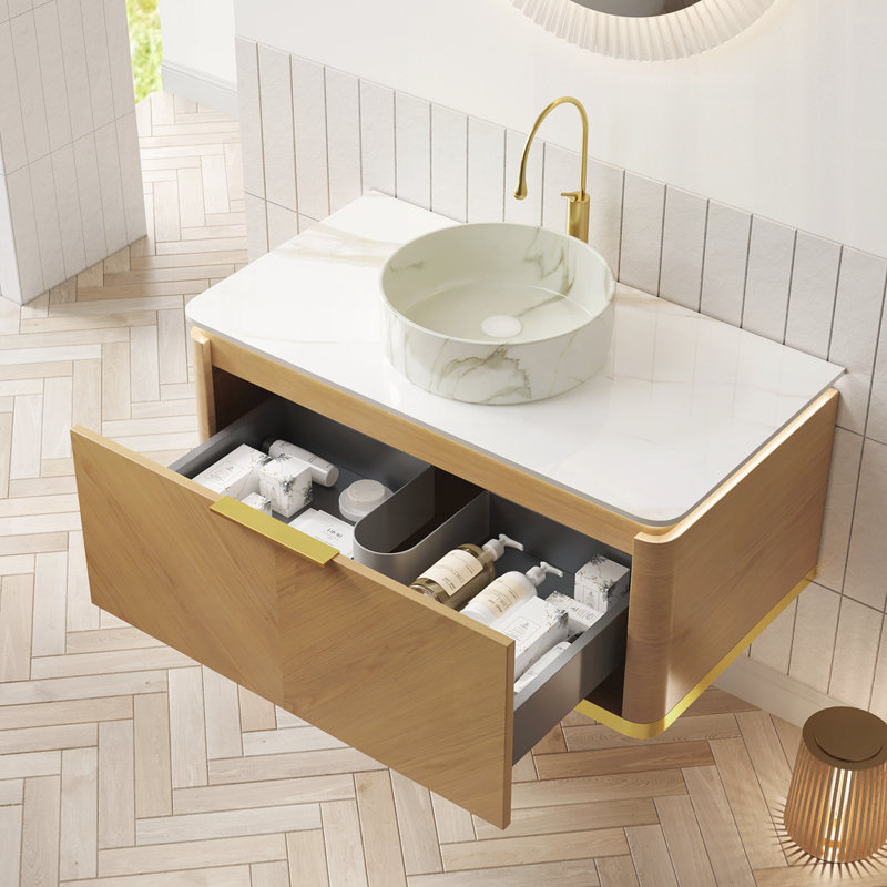 Meuble-lavabo flottant 36 po avec lavabo et armoire de rangement en contreplaqué, Chêne, Blanc pierre
