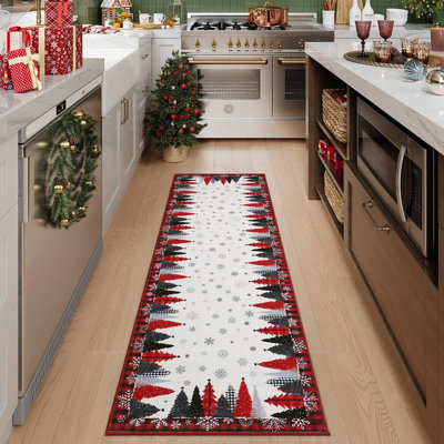 Tapis de Noël lavables pour le salon Grands tapis de Noël avec motif de flocon de neige arbre de Noël, tapis décoratif à carreaux pliable, tapis lavables à la machine, tapis doux à poils courts pour chambre à coucher, bureau, rouge