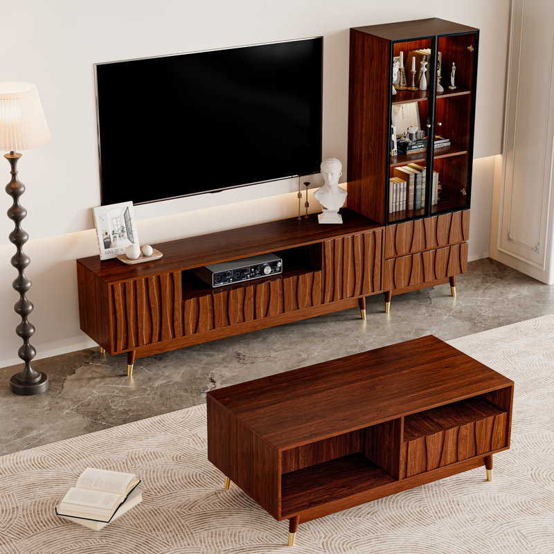 90.6" Brown Fluted Entertainment Center With Bookshelves Living Room Three-piece Set With Relief Panel And Solid Wood Feet For 55/65 Inch TV, Mid-Century Modern Wood TV Console and Glass Display Bookcase Coffee Table Set with Drawers and Storages