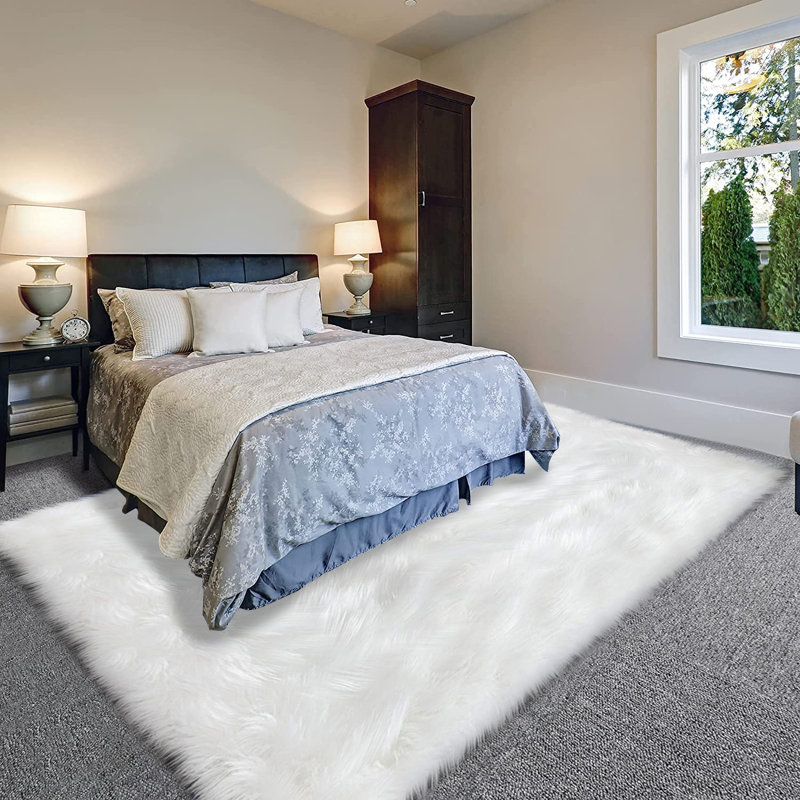 Shag Fluffy Faux Sheepskin Area Rug in White, Rectangle 10' x 14'