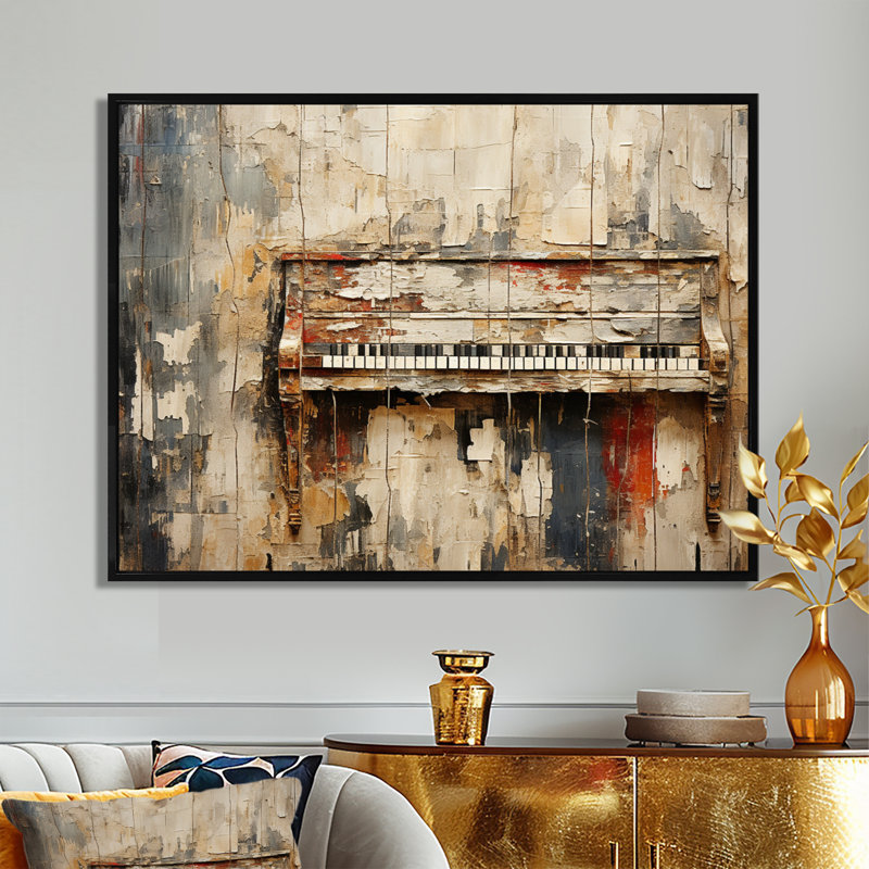 Rustic brown piano melody I - Music Piano, reproduction sur toile, H 16 po x l 32 po x P 1 po, Cadre flottant noir