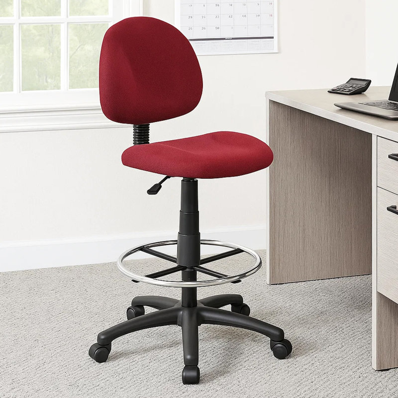 Jea Drafting Stool Chair, Burgundy Red Tweed, Contoured Back And Footring, Burgundy Red