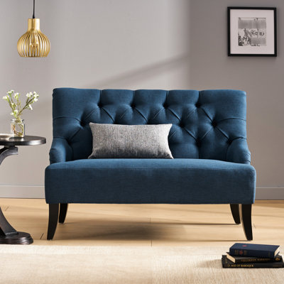 Navy Blue Settee With Flared Birch Wood Legs, Button- , Diamond Stitching, Assembly Needed For Small Apartment Areas In Home Interior Decor Of Or Fabric Solid Design, Stitched Seating, Ideal