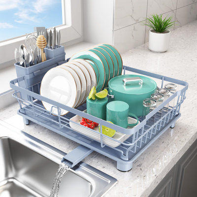 Dish Drying Rack,Space Saving Dish Rack,Dish Racks For Kitchen Counter With Drainboard,Rustproof Dish Drainer With Removable Utensil Holder,(Blue)