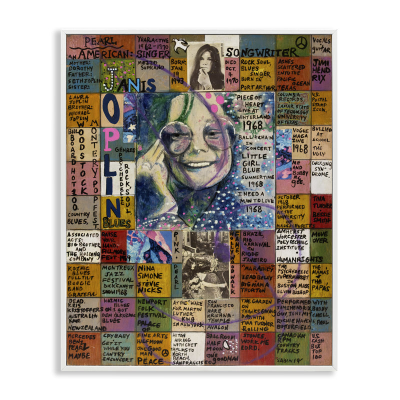 Janis Joplin, collage, estampe numérique par Sabin, Estampe numérique encadrée blanc bord de mer, H 20 po x l 16 po