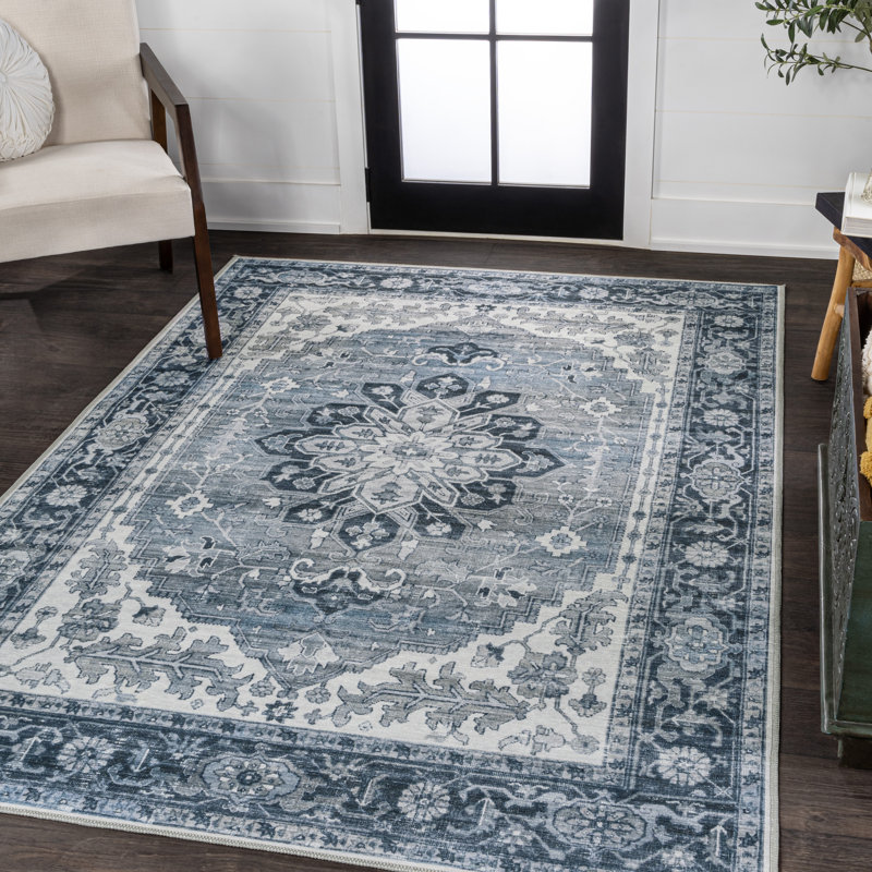 Sarok Ornate Medallion Machine-Washable Blue/Cream Rug, Rectangle 2'11" x 5'