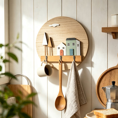 Crochets muraux en bois avec pince à ventouse en plastique, sans perçage, porte-clés d'entrée, porte-manteau, crochets décoratifs circulaires pour la maison, pour utilisation intérieure, les porches et les magasins