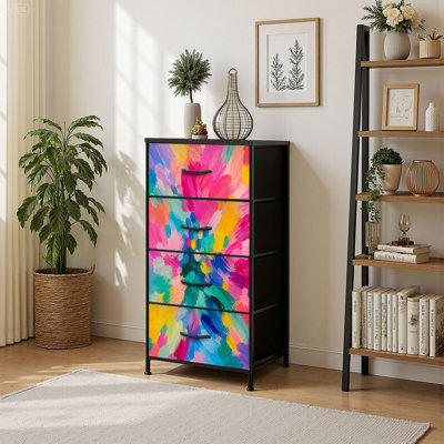 4 Drawer Vertical Storage Dresser Vivid Abstract Brushstroke Composition Multicolor Palette with Wood Top Fabric Pull Drawers