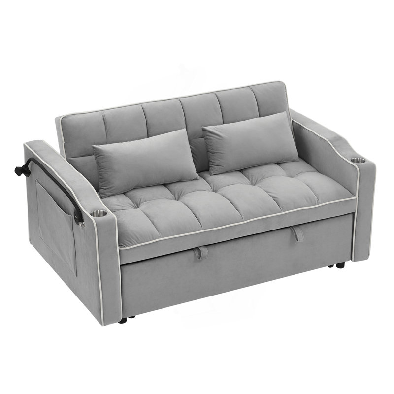 Velvet Pull-out Sleeper Sofa Bed, Adjustable Back and with USB Pport, swivel phone stand, Gray