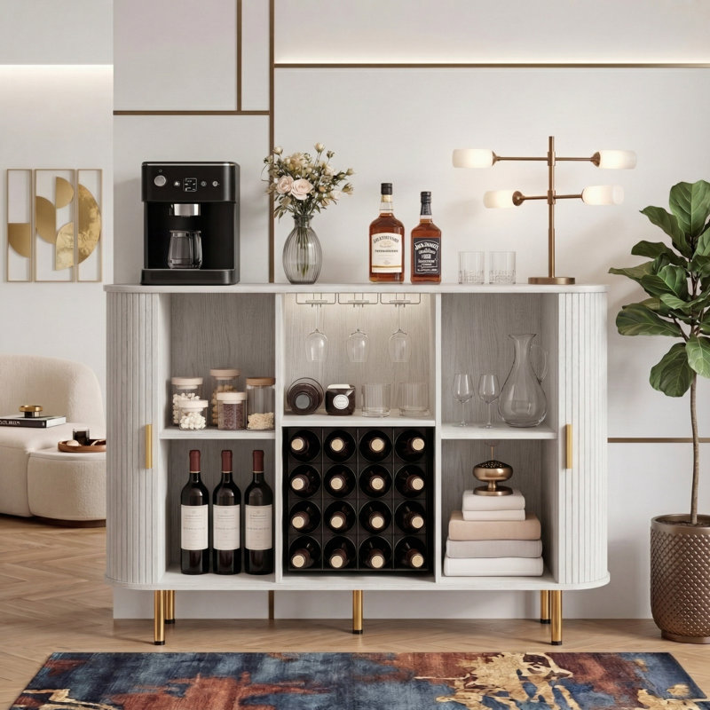 55-Inch Fluted Wine Bar Cabinet & LED-Lit Liquor & Coffee Bar Buffet Sideboard With 12-Bottle Wine Rack & Glass Holders & USB AC Charging Ports For Kitchen Living Dining Room Entryway Storage Organizer