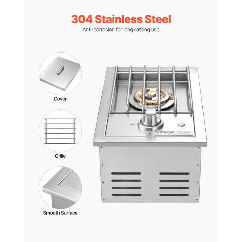 Brûleur latéral à gril simple, brûleur latéral au propane liquide de 17 000 BTU pour la cuisine extérieure, convertible au gaz naturel, brûleurs de gril simples encastrés en acier inoxydable 304 avec DEL pour îlot de barbecue