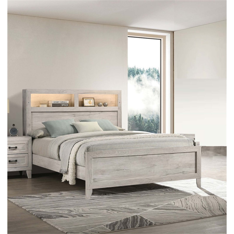 Lit contemporain délavé léger avec tablettes de tête de lit et éclairage, parfait pour les chambres modernes et fonctionnelles