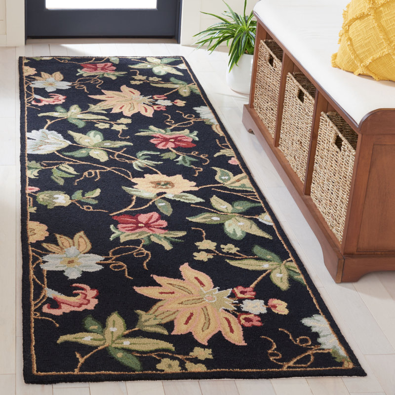 Tapis noir en laine bouclé / crocheté à la main Hollander, Tapis de couloir 2 pi 6 po x 18 pi