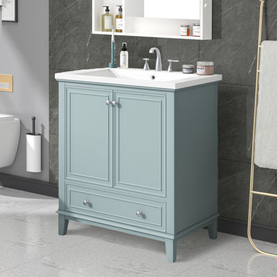 Ensemble de meuble-lavabo 30 po avec lavabo, armoire de salle de bain multifonctionnelle avec portes et tiroir, cadre solide et panneau de fibres à densité moyenne, vert