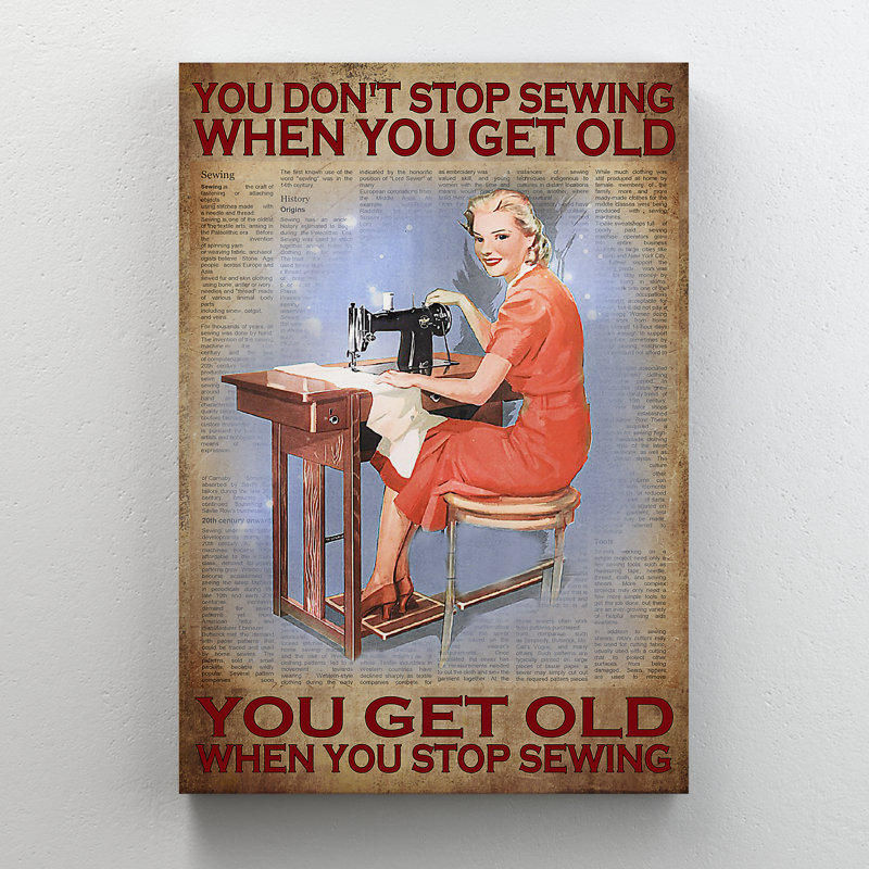 A Red Woman Sewing - You Don't Stop Sewing When You Get Old Gallery, toile tendue - décor d'illustration de personnes, décor de salon rouge