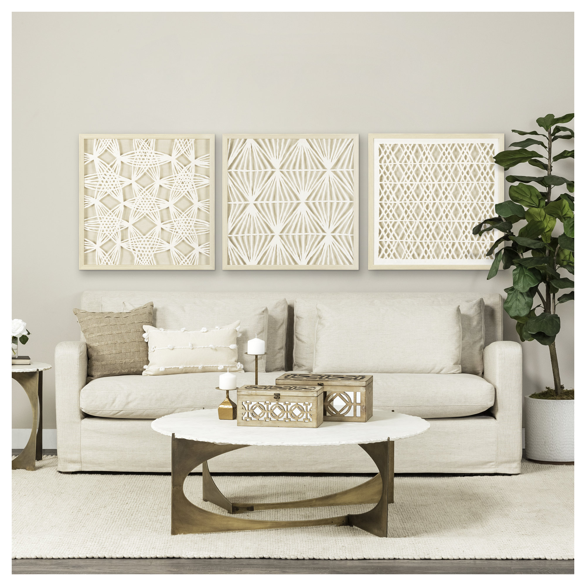 Folk Papercuts - Prisms - Picture Frame Graphic Art, 30" H x 30" W, White | Beige | Prisms, Beige