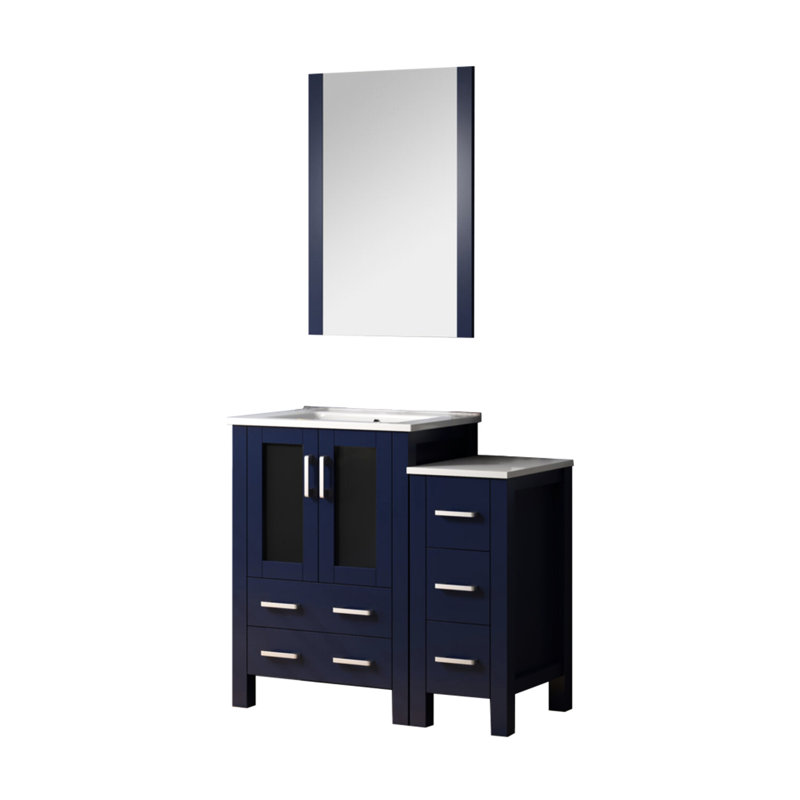 Bleu marine 36 po Meuble-lavabo large pour salle de bain avec armoire latérale, surface en céramique blanche, miroir 22 et tiroirs intérieurs à fermeture en douceur, plateau supérieur, 1 armoire et 5 espaces de rangement, surface à gratter