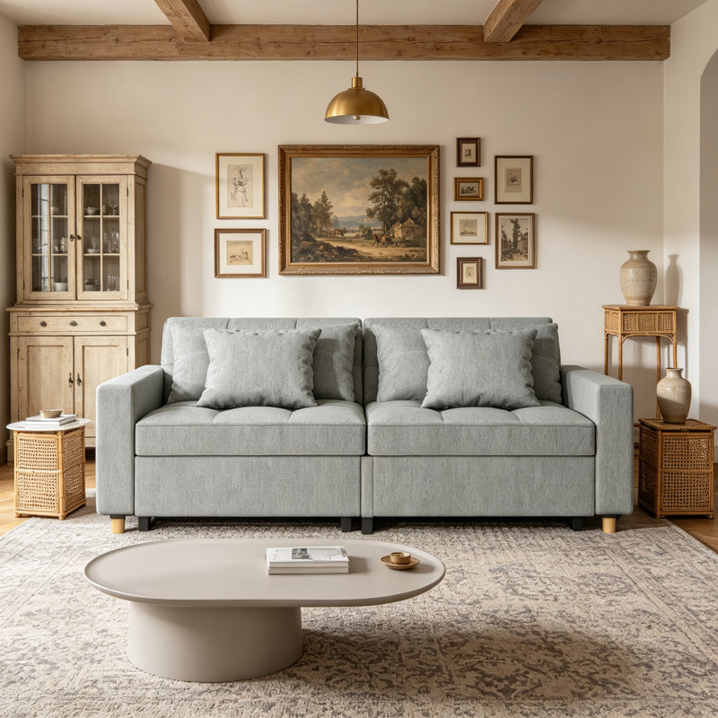 Borchert 2 Seater Fabric Sofa Bed, Grey Linen