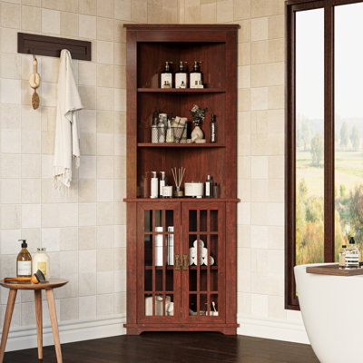 Armoire de coin de 71,3 po de hauteur, armoire de rangement Mid-Century avec portes en verre et tablette réglable, rangement pour salle de bain avec 3 tablettes ouvertes, économiseur d'espace pour la salle de bain, le salon, la cuisine, noyer rouge