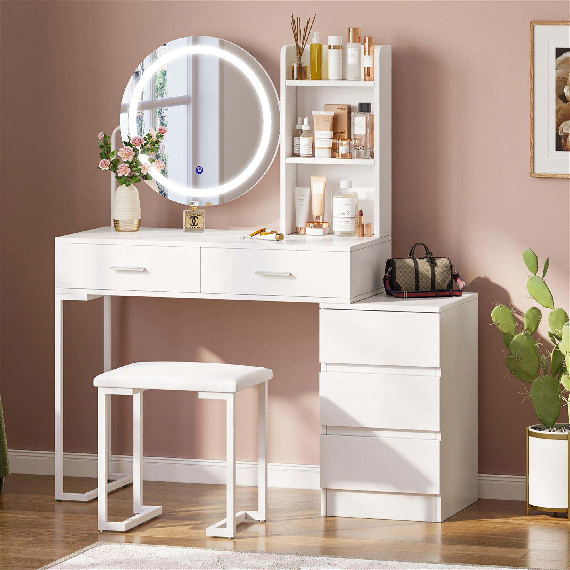 Polished Chrome Dressing Table Stool FUFU&GAGA 5-Drawers White