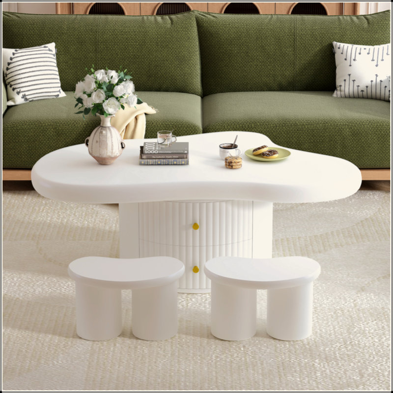 Ensemble de 3 tables basses Cloud, de forme irrégulière avec 2 tiroirs et 2 petits tabourets de salon