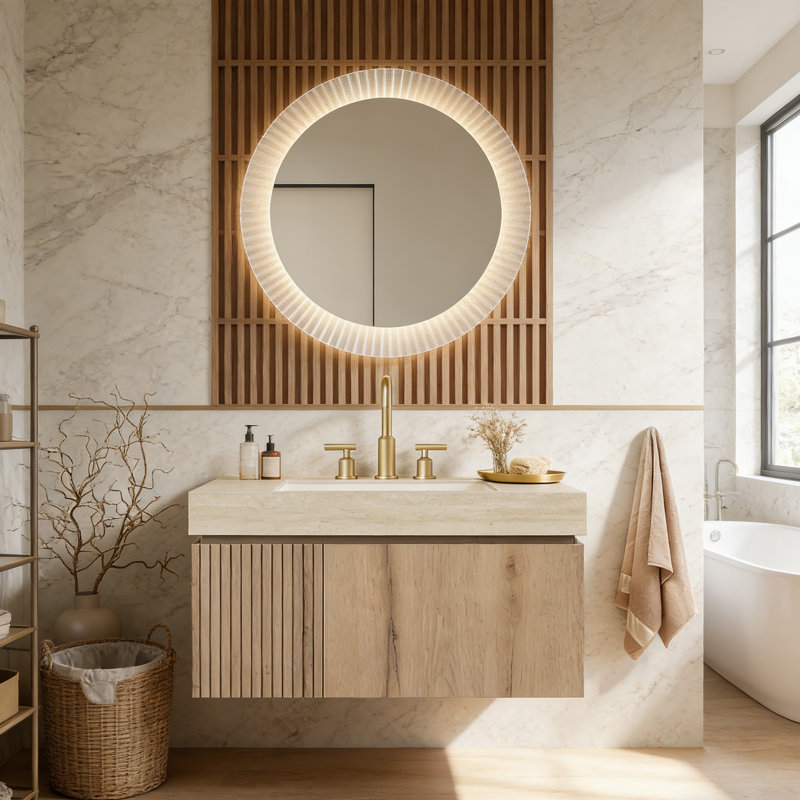 Meuble-lavabo flottant avec espace de rangement multifonctionnel et 3 trous de robinet pré-percés, Chêne blanc, 36"
