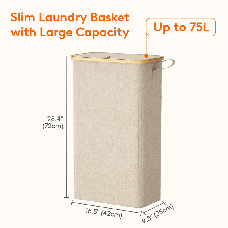 75l Slim Laundry Hamper With Lid, Narrow Laundry Basket With Removable Bag & Bamboo Handles, Fodable Thin Dirty Clothes Hamper For Laundry Collapsible Bin For Bathroom Bedroom Dorm,