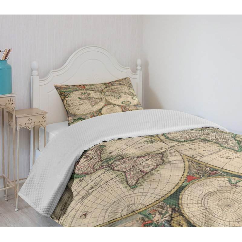 Twin White Quilted World Map Bedspread Set