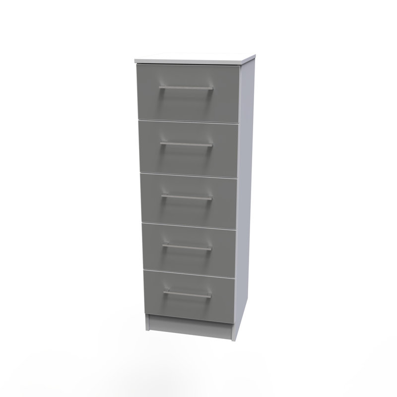 Fully Assembled Oteri 5 - Drawer Chest of Drawers, Uniform Grey Gloss/White