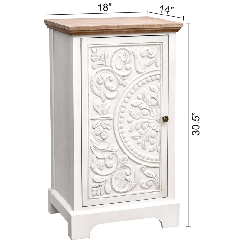 Table de bout 30,5 "de hauteur avec ornement floral rétro sculpté avec tablette de rangement pour le salon, finition naturelle et blanche