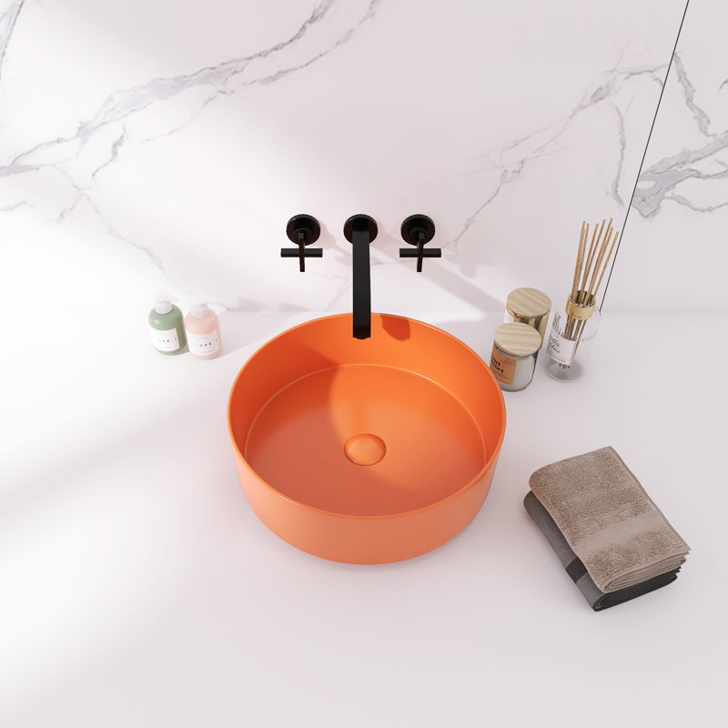 16" Ceramic Circular Vessel Bathroom Sink, Matte Hermes Orange